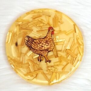 Vintage Lucite Acrylic Rooster Chicken Hen Farmhouse Trivet Real Hay Straw MCM